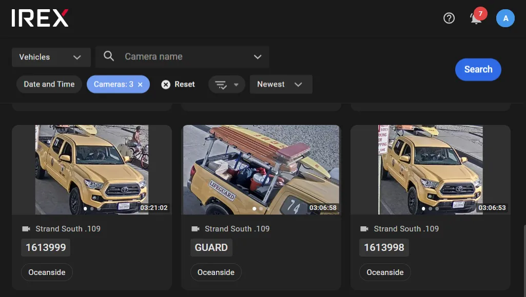 Search results showing three yellow Toyota truck detections with license plates and camera names