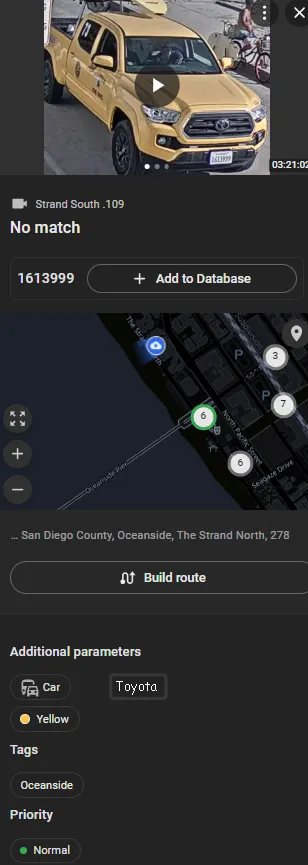 Event details panel showing No match status, plate 1613999, an Add to Database option, a location map, and detected vehicle attributes