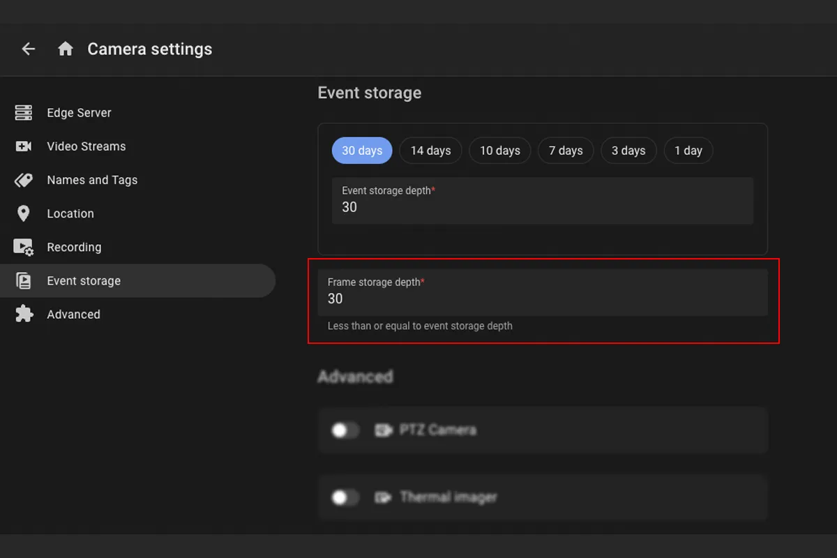 Event storage settings in the camera configuration