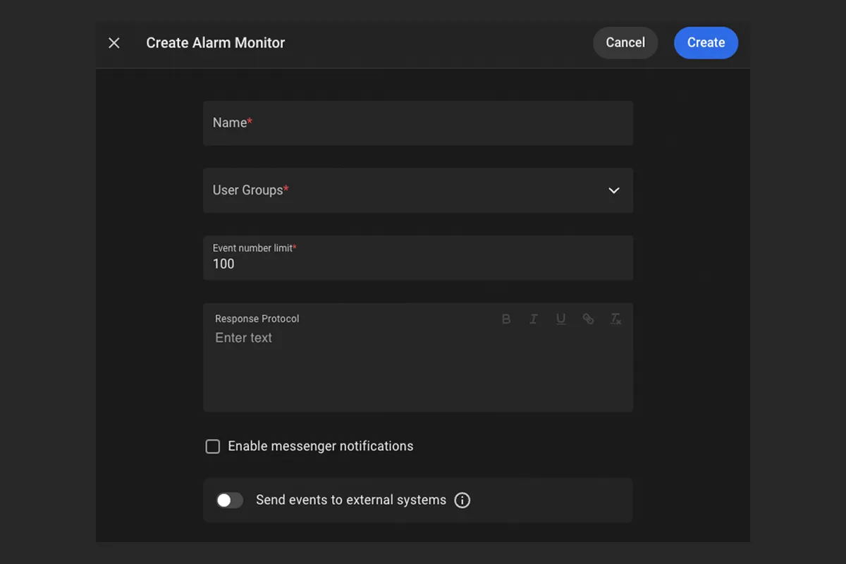 Alarm Monitor form with the Send events to external systems option