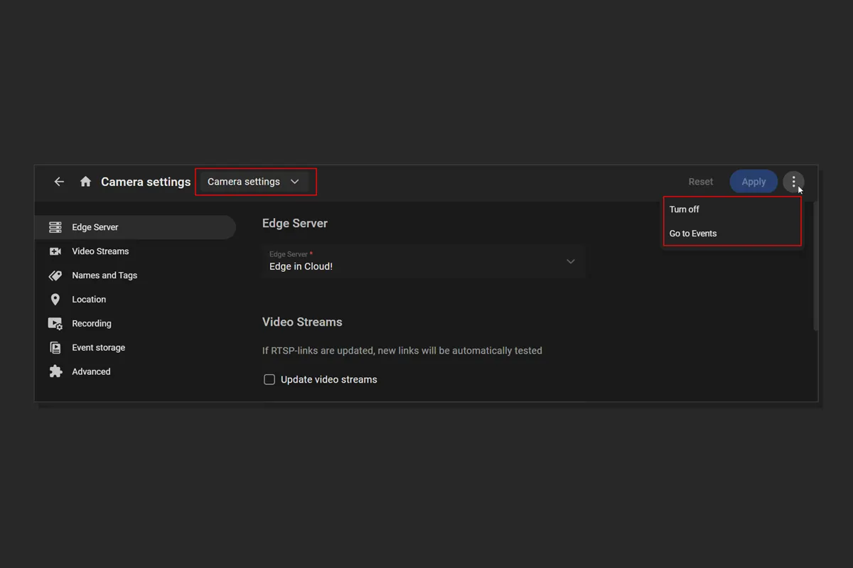 Camera settings and Video Analytics settings pages with Turn on, Turn off, and Go to Events actions