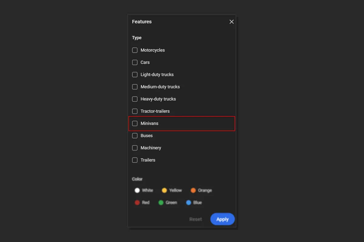 Minivans vehicle type in CarTrack Pro search filters