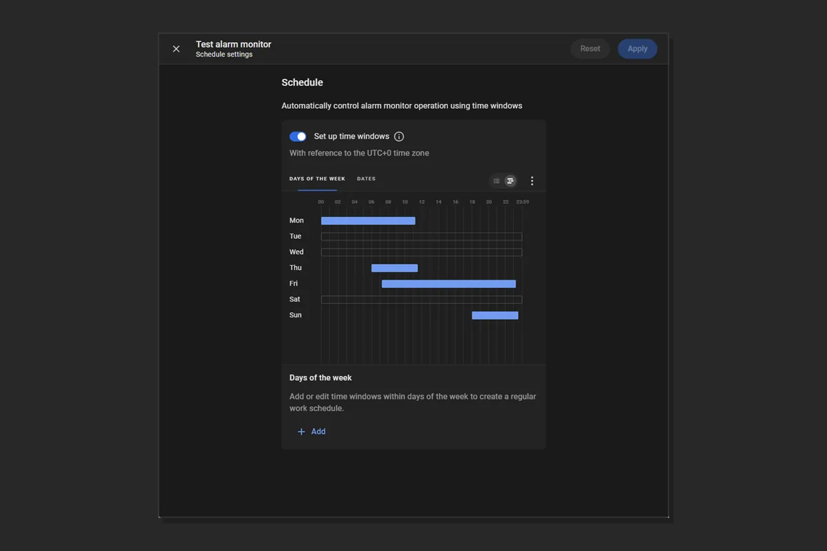 Schedule settings page with Days of the week and Dates tabs