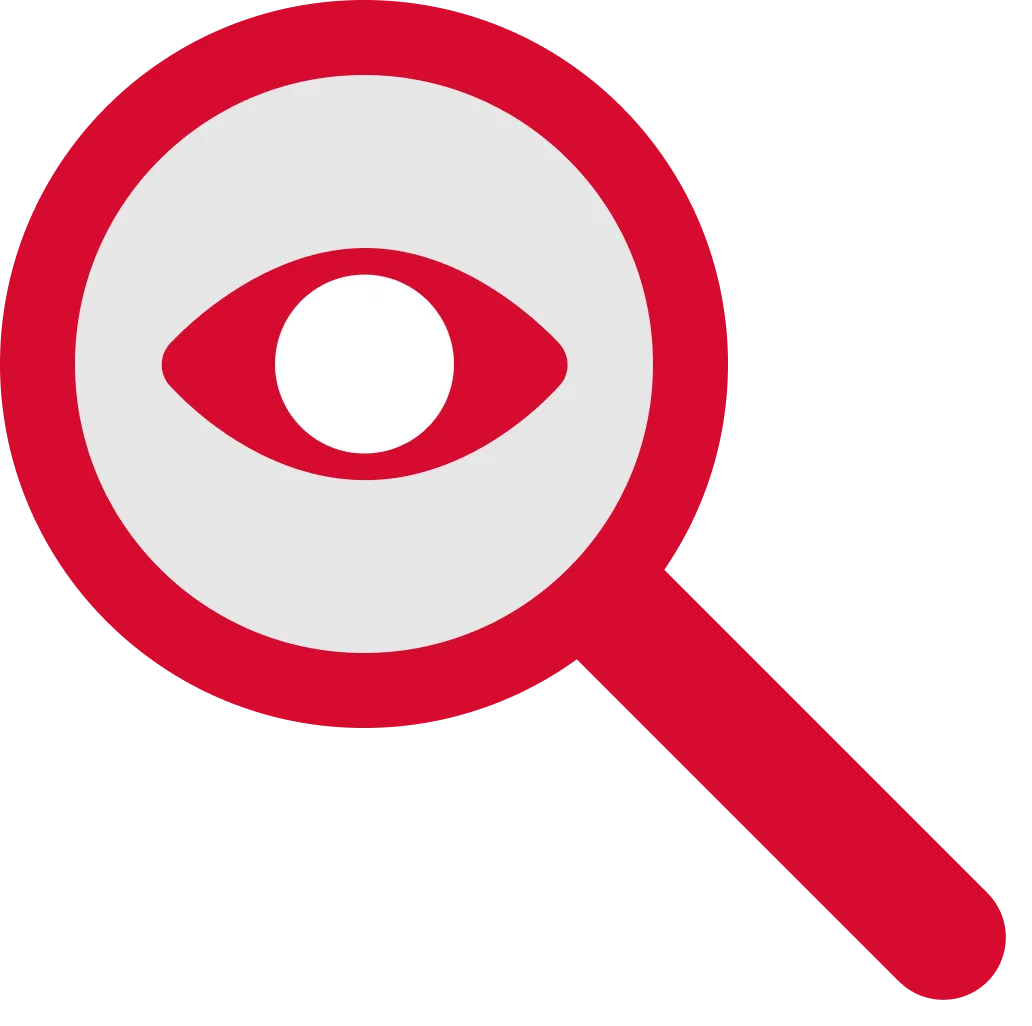 Magnifying glass with
      an eye icon representing full transparency