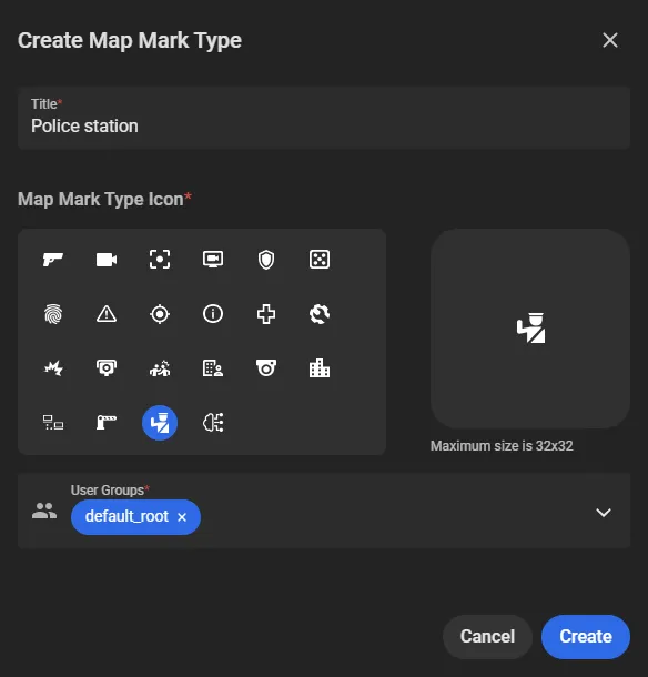 Create Map Mark Type window with Title set to Police station, an icon library with one icon selected, and the User Groups field set to default_root