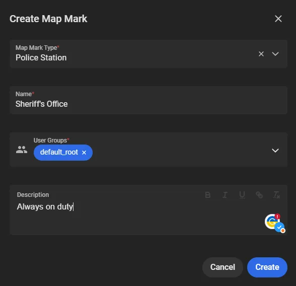 Create Map Mark window with Map Mark Type set to Police Station, Name set to Sheriff's Office, User Groups set to default_root, and a Description of Always on duty