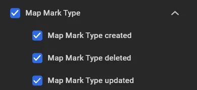 Logbook Map Mark Type filter checked with its Created, Deleted, and Updated sub-items also checked
