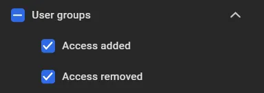 Logbook User groups filter with its Access added and Access removed sub-items checked