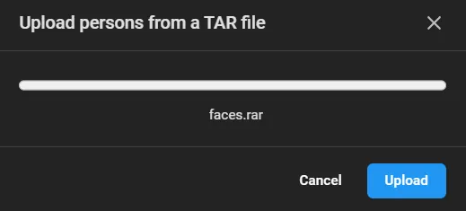 Upload persons from a TAR file dialog showing an upload progress bar for faces.rar with Cancel and Upload buttons