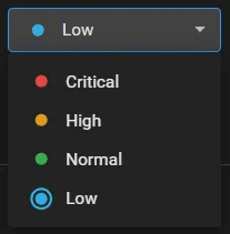 Priority dropdown listing Critical, High, Normal, and Low, with Low selected