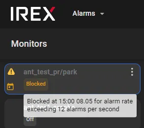 Monitors list on the Alarms screen showing a monitor marked Blocked, with a tooltip explaining the alarm-rate limit that triggered it