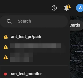 List of blocked monitors, each marked with a warning icon, in the bell notification dropdown