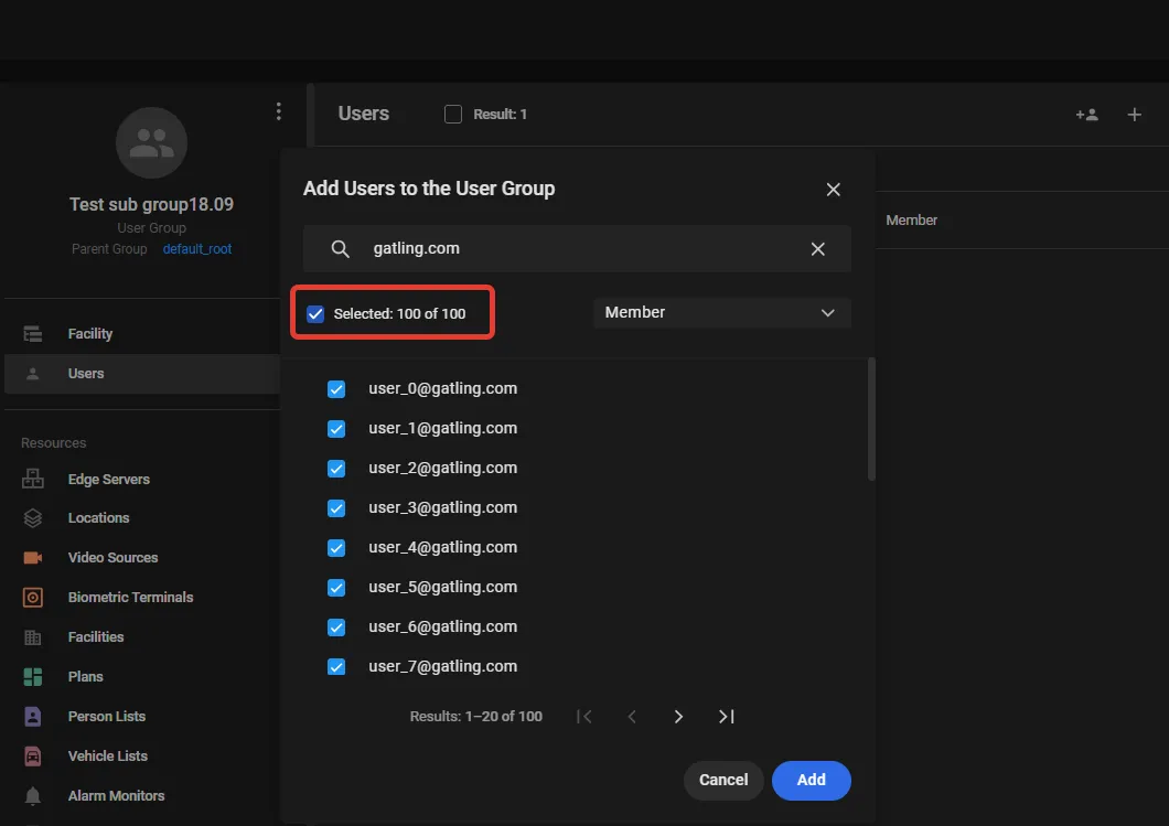 Add Users to the User Group form filtered by the gatling.com domain, with all matching users checked and Selected: 100 of 100 highlighted