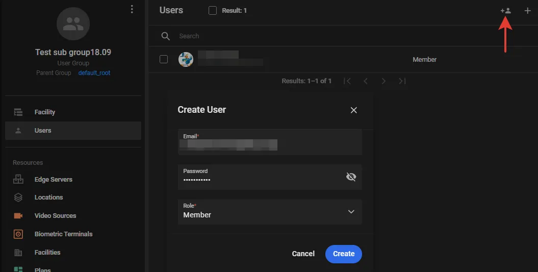 User group Users tab with the add-user icon highlighted and the Create User form open showing Email, Password, and Role fields