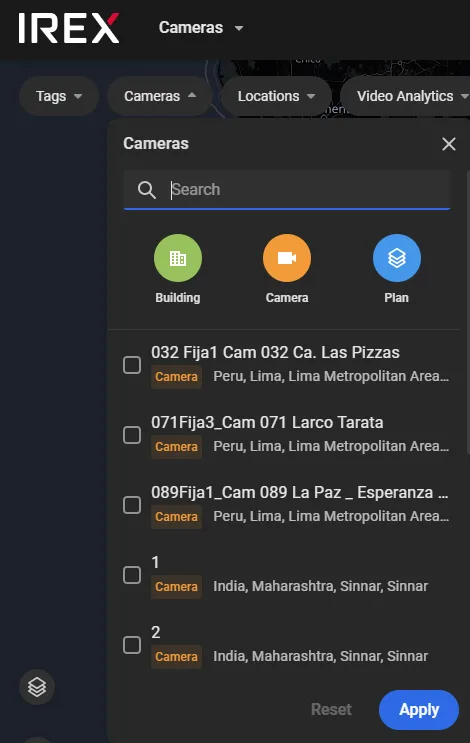 Cameras panel with Building, Camera, and Plan type filters above a search box, listing individual cameras with their locations and checkboxes