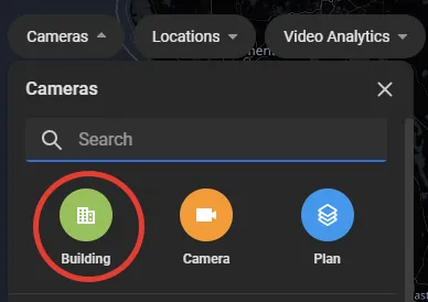 Cameras panel with the Building type filter circled, next to the Camera and Plan filters