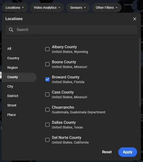 Locations panel with hierarchy levels (All, Country, Region, County, City, District, Street, Place) on the left and a checked Broward County item on the right