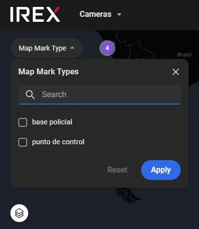 Map Mark Types filter panel with checkboxes for base policial and punto de control