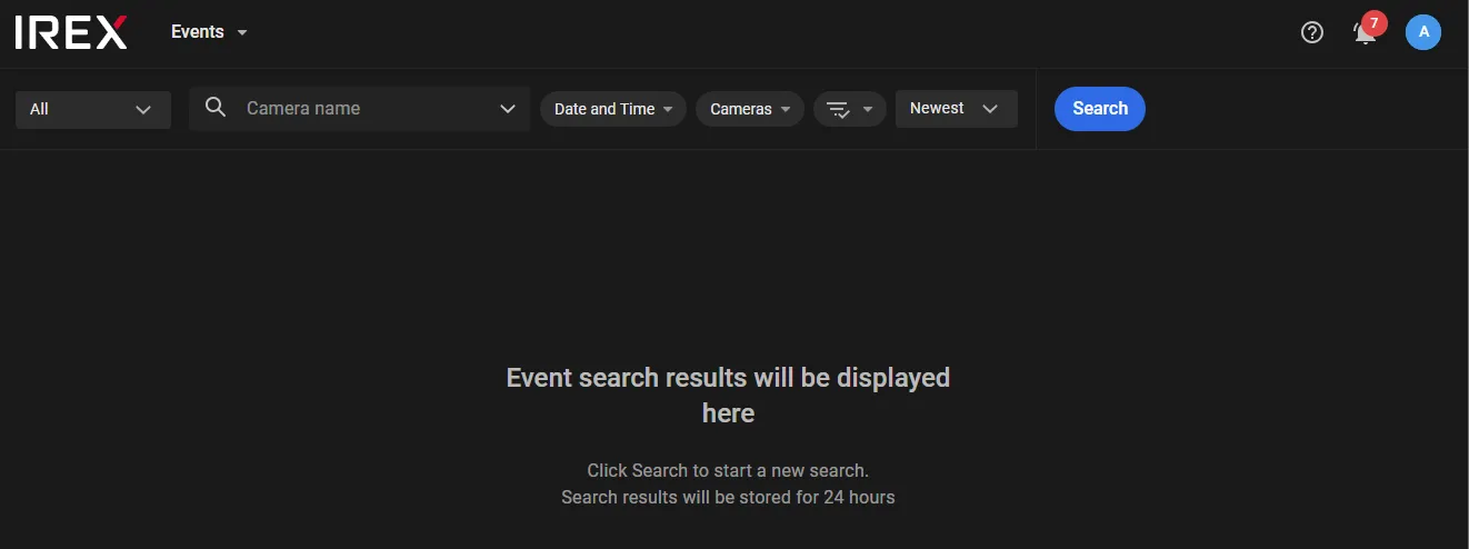 Empty Events screen with the message Event search results will be displayed here and a Search button