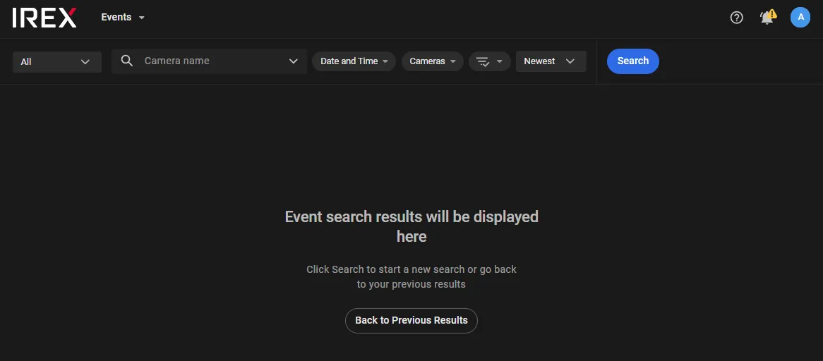 Events screen with the Back to Previous Results button below the option to start a new search