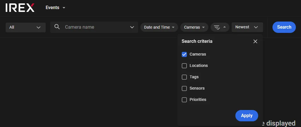 Events screen Search criteria panel with Cameras checked and Locations, Tags, Sensors, and Priorities available