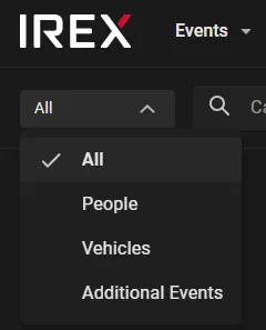 Search subject dropdown open, listing All, People, Vehicles, and Additional Events