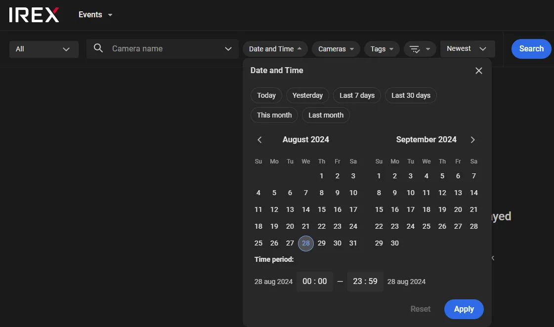 Date and Time filter panel with preset ranges, a two-month calendar, and a time period selector