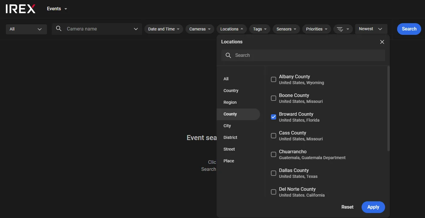 Locations filter panel with the County tab selected and Broward County checked in the results list