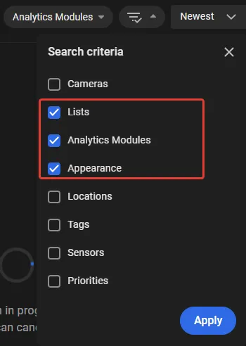 Search criteria panel showing Lists, Analytics Modules, and Appearance filters selected