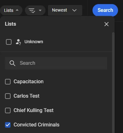 Lists filter panel with the Convicted Criminals list selected