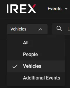 Events screen dropdown with Vehicles selected among All, People, Vehicles, and Additional Events