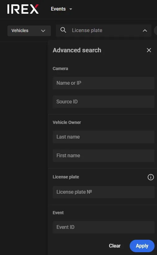 Advanced search panel with Camera, Vehicle Owner, License plate, and Event ID fields for the Vehicles search