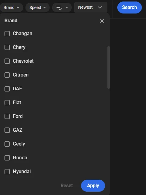 Brand filter list showing checkboxes for vehicle makes such as Changan, Chery, Chevrolet, and Ford