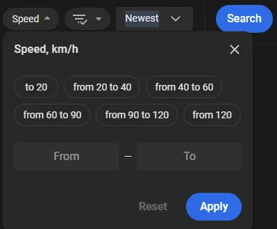 Speed filter panel with predefined km/h ranges and custom From-To fields