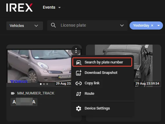 Event card three-dot menu with Search by plate number highlighted among Download Snapshot, Copy link, Route, and Device Settings