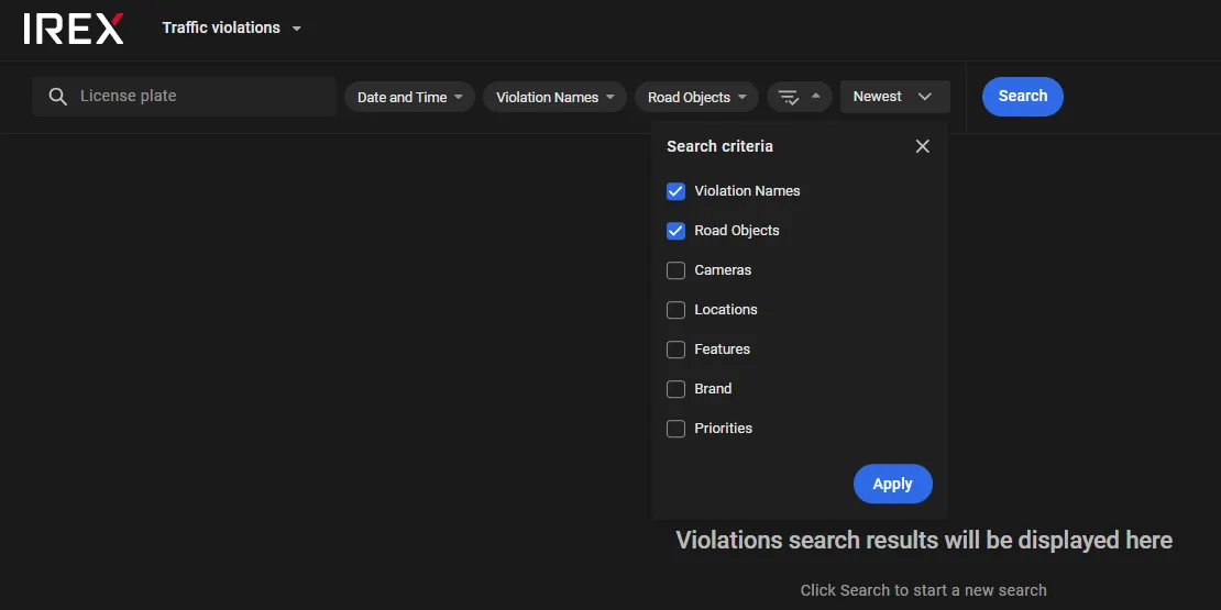 Traffic violations screen with the Search criteria panel open, showing Violation Names and Road Objects filters checked