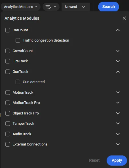 Analytics Modules filter panel listing CarCount, CrowdCount, FireTrack, GunTrack, MotionTrack, ObjectTrack Pro, TamperTrack, AudioTrack, and External Connections check boxes