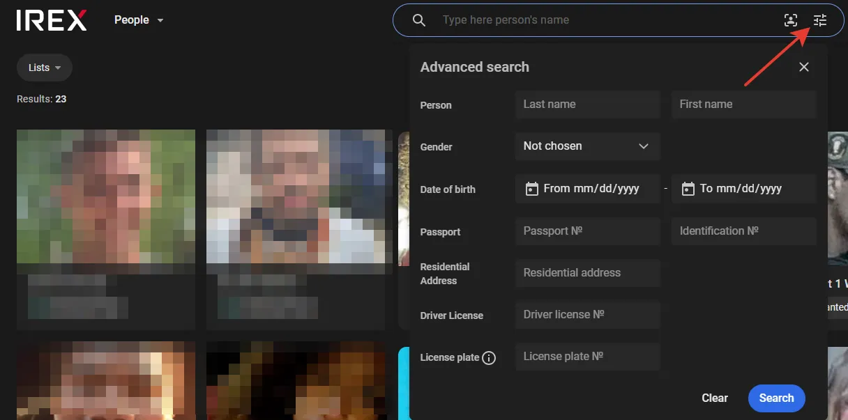 People screen search box with an arrow pointing to the advanced search icon, and the Advanced search form open with fields for name, gender, date of birth, passport, address, driver license, and license plate
