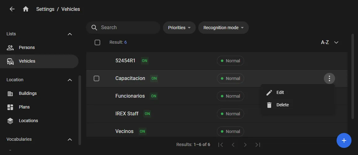 Vehicles list in settings showing vehicle lists such as Capacitacion, Funcionarios, and IREX Staff with an Edit and Delete menu open