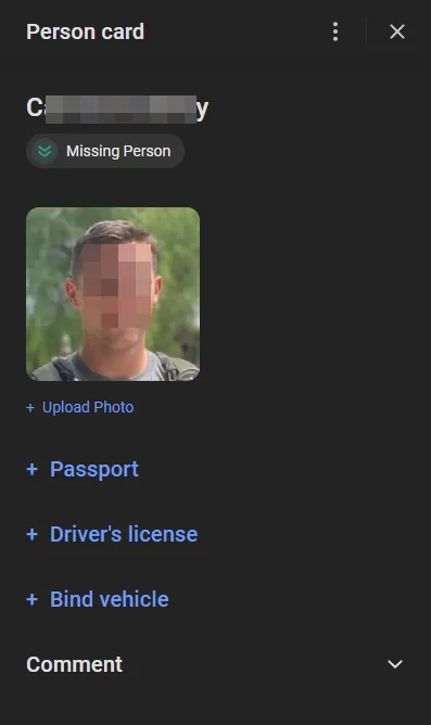 Person card sidebar showing a photo, the Missing Person label, and links to upload a photo and add passport, driver's license, vehicle, and comment details