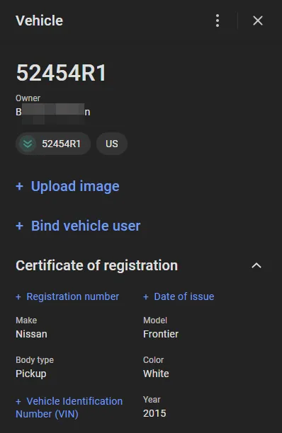 Vehicle details sidebar showing owner, plate number, country, and Certificate of registration fields including make, model, body type, color, VIN, and year