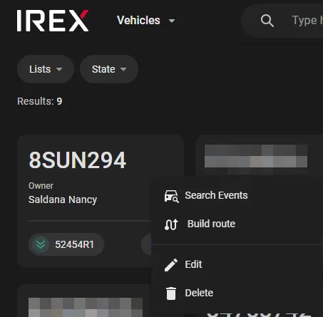 Vehicle card three-dot menu showing Search Events, Build route, Edit, and Delete options