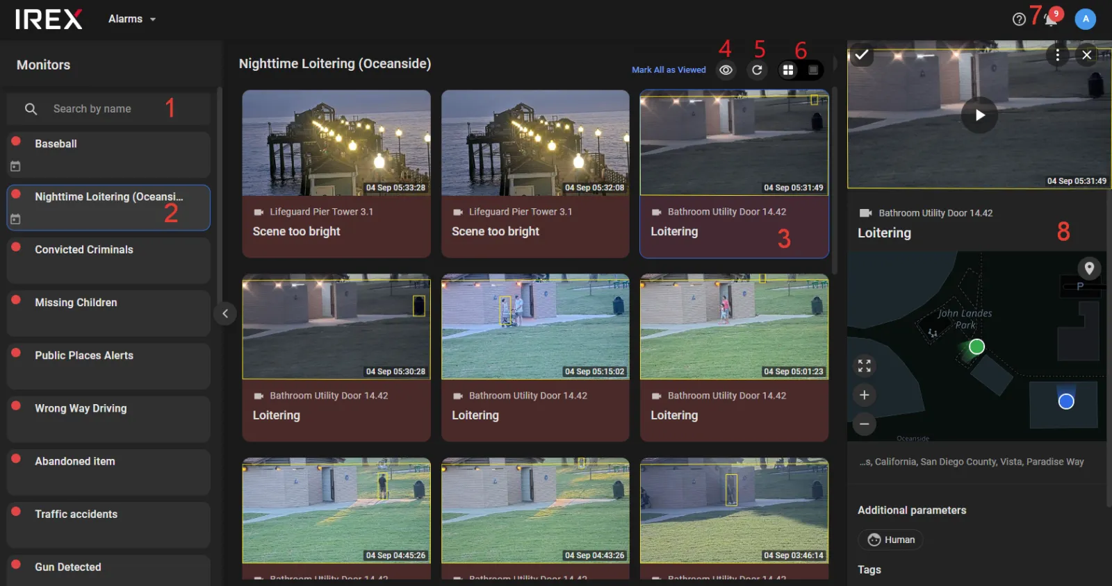 Alarms screen with the Monitors list on the left, event cards for the Nighttime Loitering monitor in the center, and the alarm details sidebar with map on the right, with key elements numbered 1 through 8