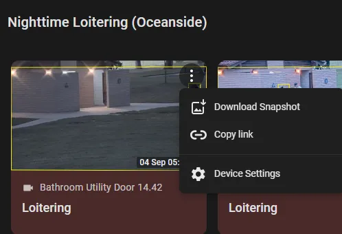 Alarm card three-dot menu open, showing Download Snapshot, Copy link, and Device Settings commands