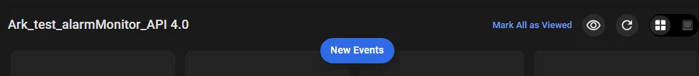 Monitor header with the New Events indicator and the Mark All as Viewed, Auto-update, and layout switch controls
