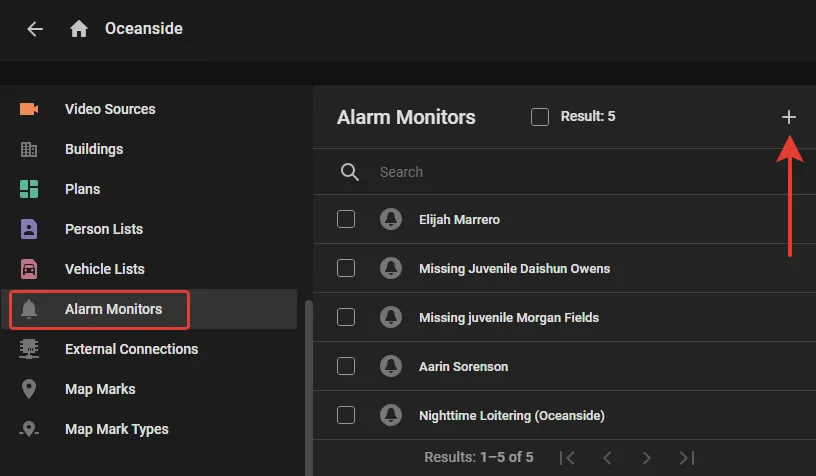 Alarm Monitors section listing five monitors with the add icon highlighted in the top-right corner