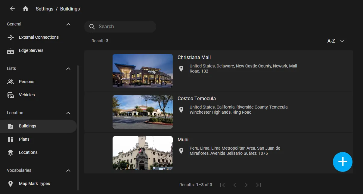 Buildings list in settings showing Christiana Mall, Costco Temecula, and Muni with their addresses