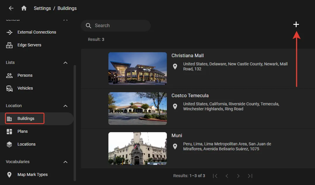 Buildings section on a user group's screen with the Buildings tab highlighted and an arrow pointing to the plus button used to add buildings