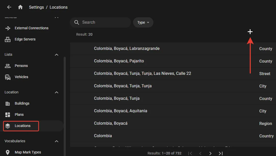 Settings — Locations page listing locations not yet assigned to the user group, with the plus button to add them