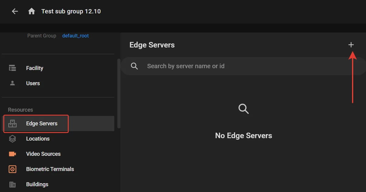 Edge Servers section on a user group's screen, with the plus button highlighted to add an edge server